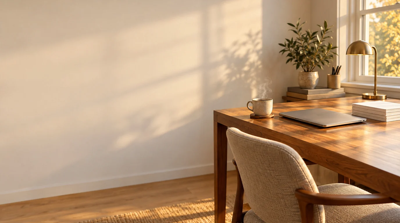 A quiet home office in late-afternoon light: the laptop is closed and the coffee is still warm.