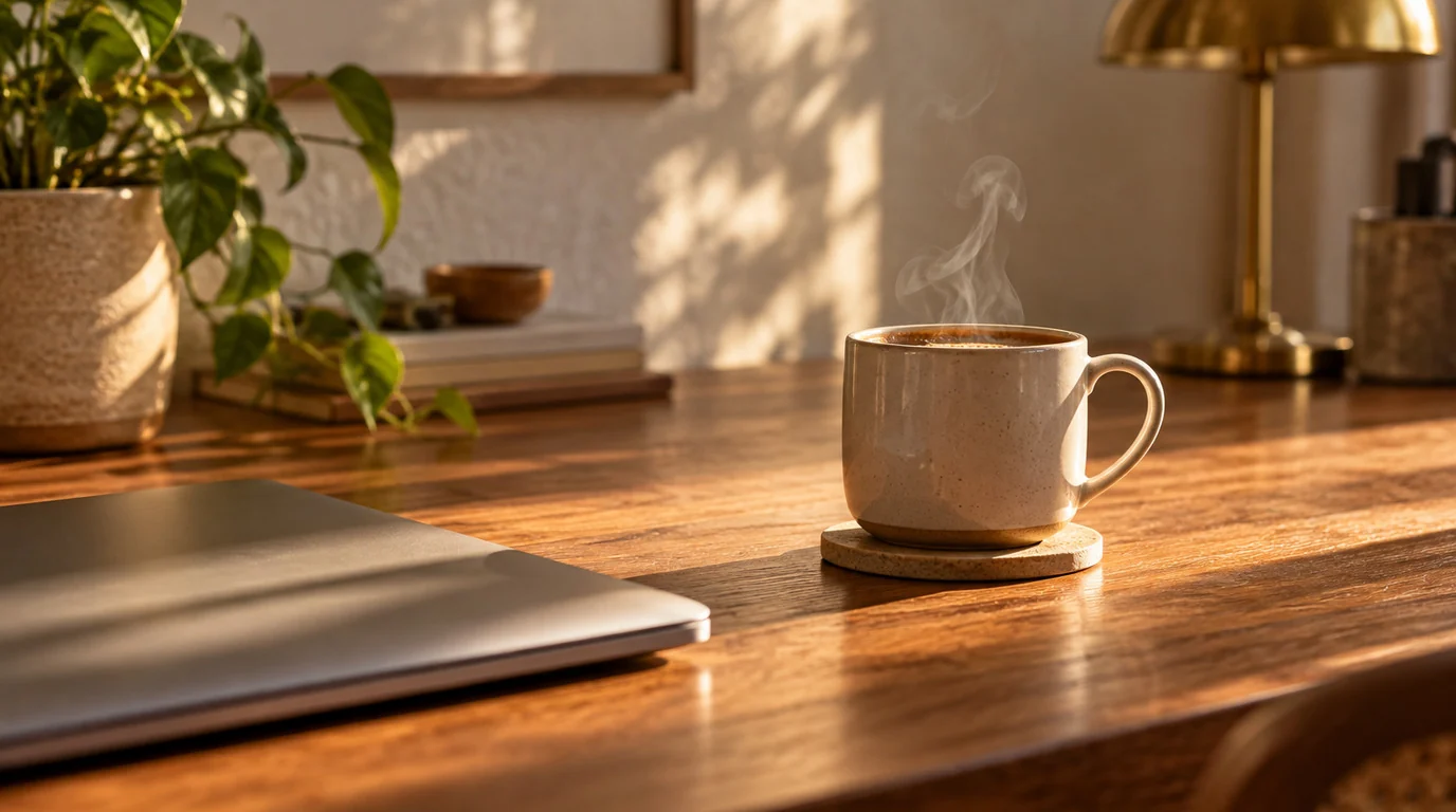 A cup of coffee, still steaming, next to a closed laptop on a wooden desk in afternoon light.